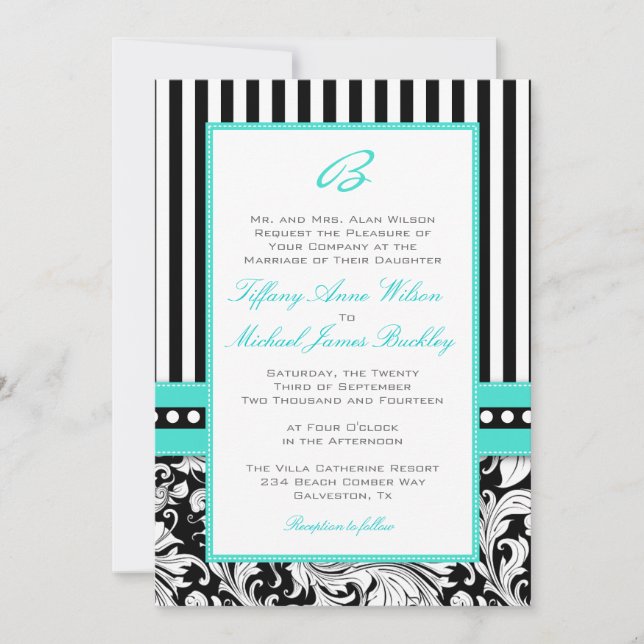 Black white damask turquoise wedding invitation (Front)