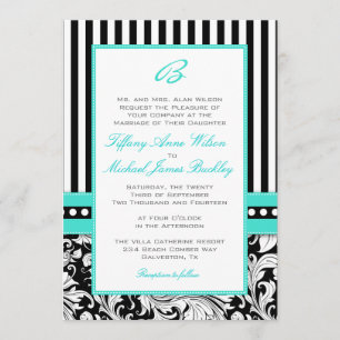 Black white damask turquoise wedding invitation