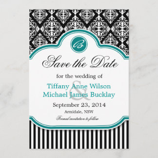 Black white damask turquoise wedding save the date