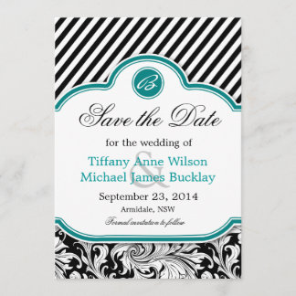Black white damask turquoise wedding save the date