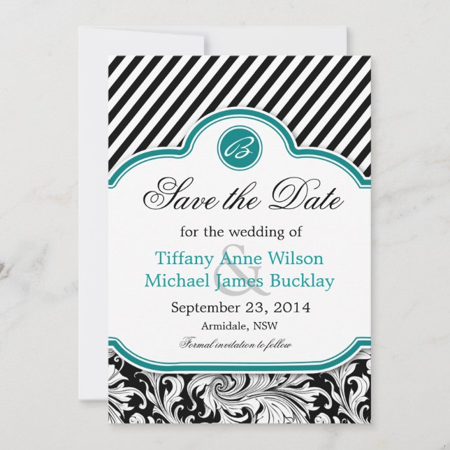 Black white damask turquoise wedding save the date (Front)