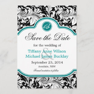 Black white damask turquoise wedding save the date