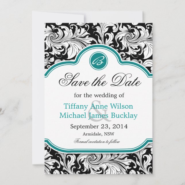 Black white damask turquoise wedding save the date (Front)