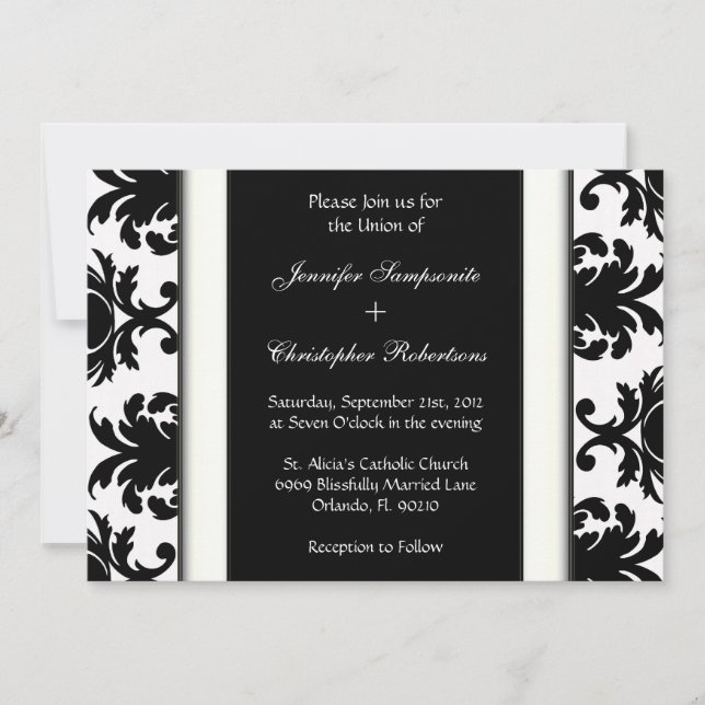 Black & White Damask Vintage Elegant Wedding Invitation (Front)