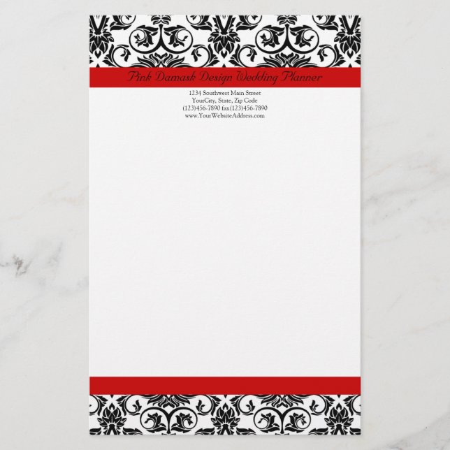 Black/White Damask w/ Ravishing Red Accent Stationery (Front)