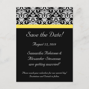 Black/White Damask w/Vibrant Yellow Announcement Postcard