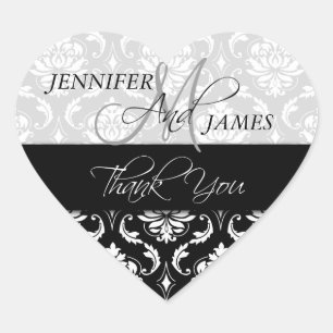 Black White Damask Wedding Favour Heart Sticker