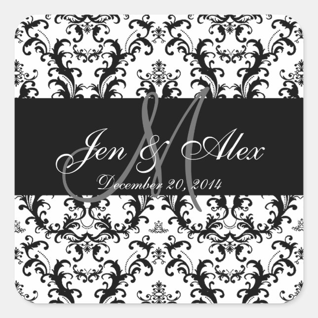 Black White Damask Wedding Favour Sticker (Front)
