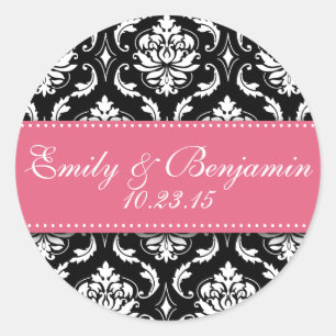 Black White Damask Wedding Favour Stickers Pink