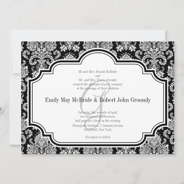 Black White Damask Wedding Invitations Monogrammed (Front)