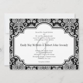 Black White Damask Wedding Invitations Monogrammed