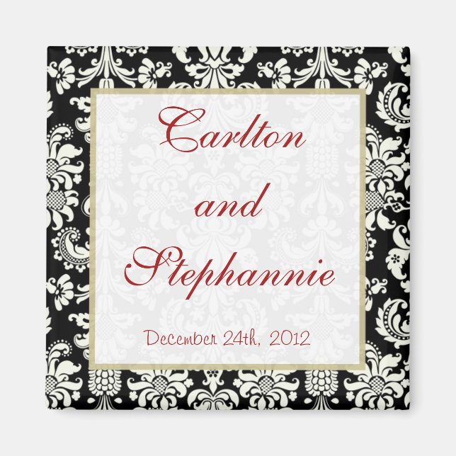 Black/White Damask Wedding Magnet Favour (Front)