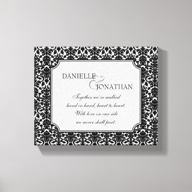 Black white damask wedding personalised canvas art (Front)