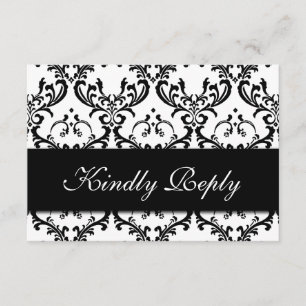 Black White Damask Wedding RSVP Card