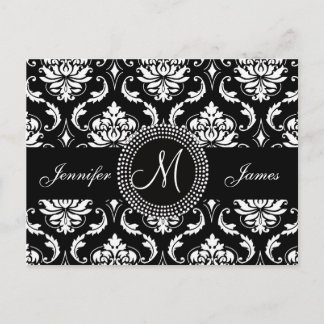 Black White Damask Wedding RSVP Postcard