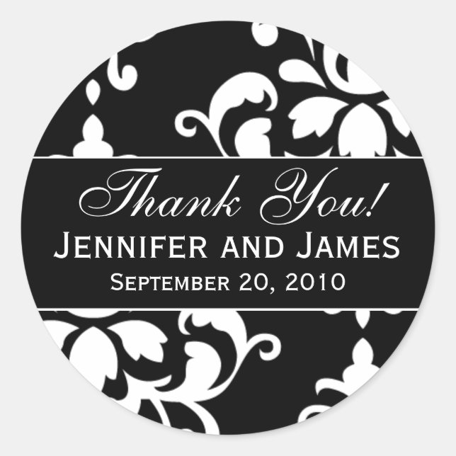 Black White Damask Wedding Thank You Labels (Front)