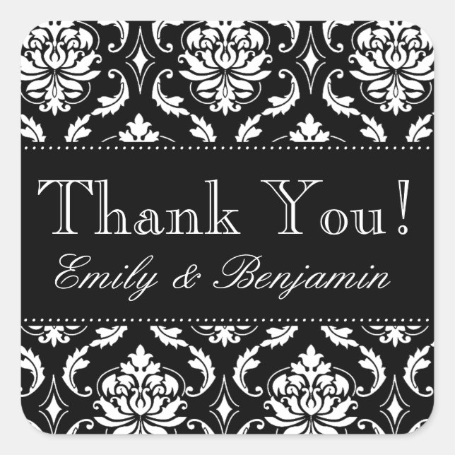 Black White Damask Wedding Thank You Sticker (Front)