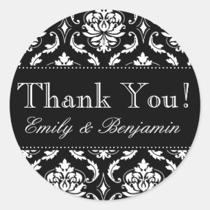 Black White Damask Wedding Thank You Sticker