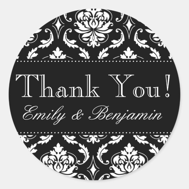 Black White Damask Wedding Thank You Sticker (Front)