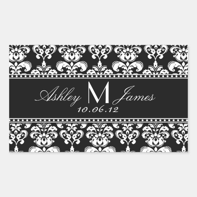 Black White Damask Wedding Wine Label (Front)