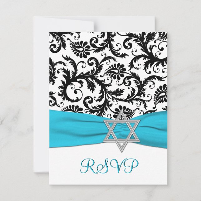 Black, White Damask with Aqua FAUX Ribbon RSVP (Front)