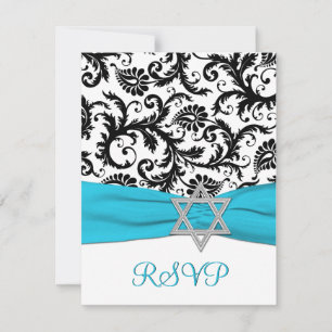 Black, White Damask with Aqua FAUX Ribbon RSVP