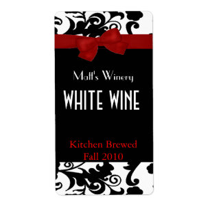 Black, White Damask with Bow Home Made Wine Labels