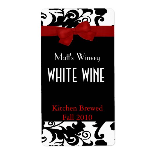 Black, White Damask with Bow Home Made Wine Labels