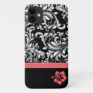 Black & White Damask with Coral Hibiscus flower iPhone 11 Case