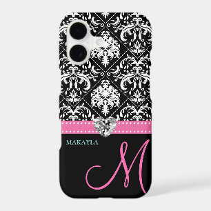 Black & White Damask with Diamond Heart & Monogram
