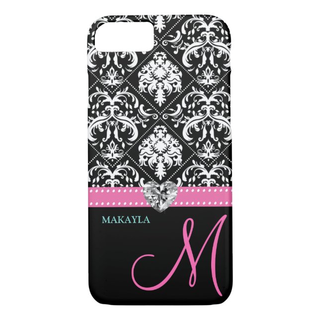 Black & White Damask with Diamond Heart & Monogram Case-Mate iPhone Case (Back)