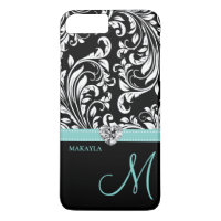 Black & White Damask with Diamond Heart & Monogram