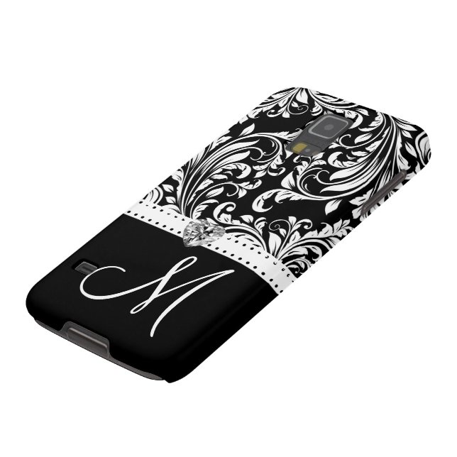 Black & White Damask with Diamond Heart & Monogram Case-Mate Samsung Galaxy Case (Top)