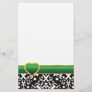 Black white damask with green band and heart stationery