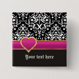 Black white damask with hot pink band and heart 15 cm square badge