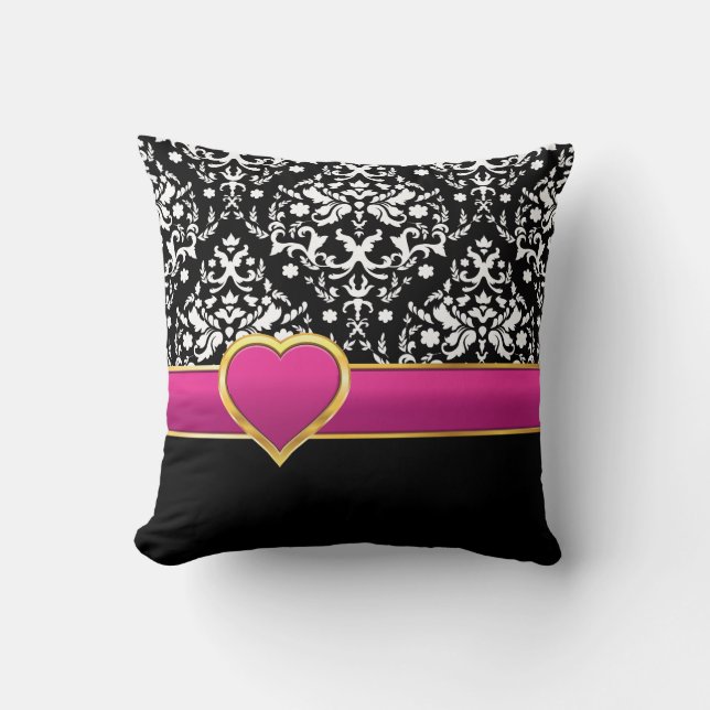 Black white damask with hot pink band and heart cushion (Front)