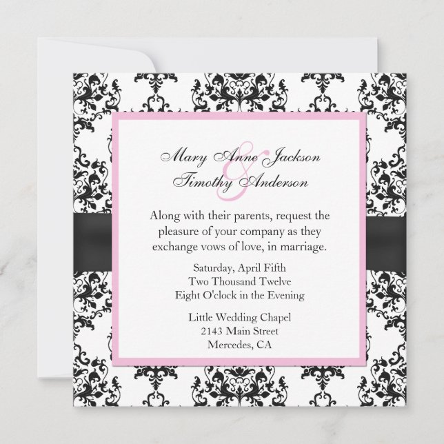 Black & White Damask with Pink Wedding Invitation (Front)