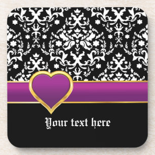Black white damask with purple band and heart coaster