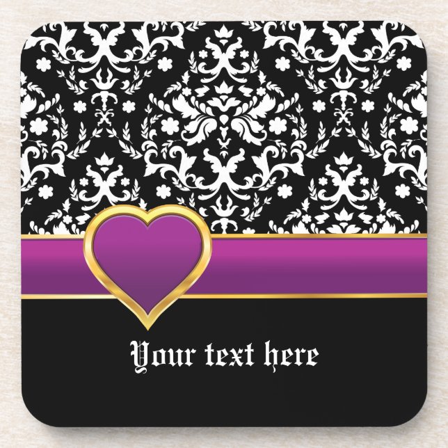 Black white damask with purple band and heart coaster (Front)