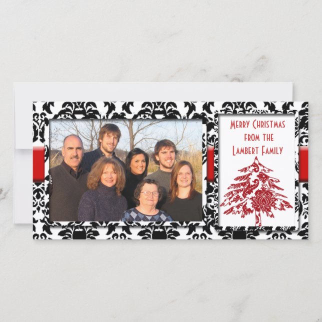 Black & White Damask With Red Tree Merry Christmas Holiday Card (Front)