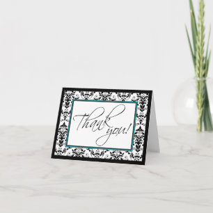 Black & White Damask with Turquoise Thank You Card