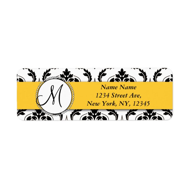Black White Damask Yellow Return Address (Front)