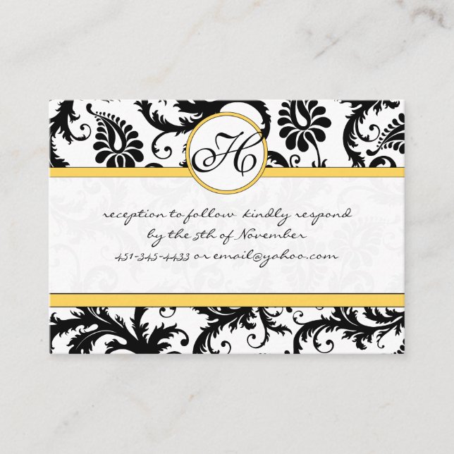 Black White Damask Yellow Trim Wedding RSVP Enclosure Card (Front)