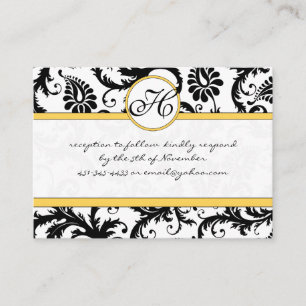 Black White Damask Yellow Trim Wedding RSVP Enclosure Card