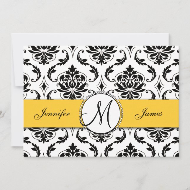 Black White Damask Yellow Wedding Invitation (Front)