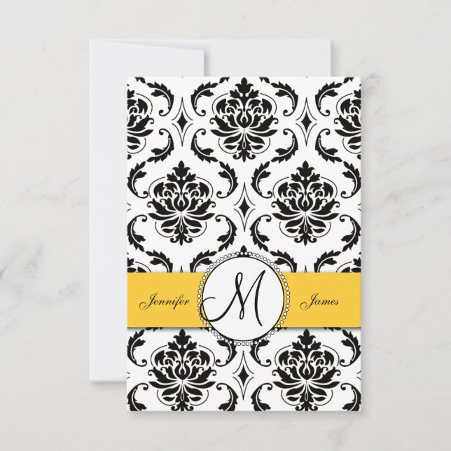 Black White Damask Yellow Wedding RSVP (Front)
