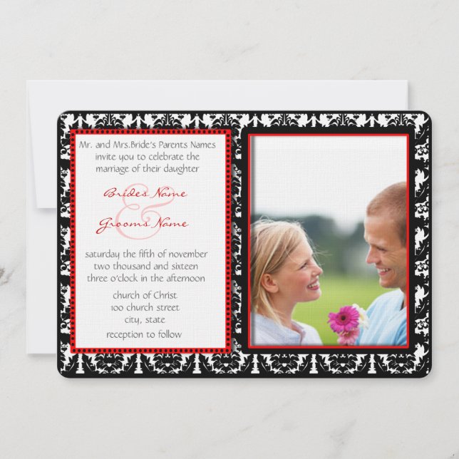 Black & White Damask Your Photo Wedding Invitation (Front)