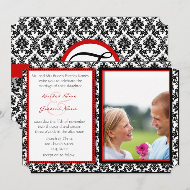 Black & White Damask Your Photo Wedding Invitation (Front/Back)
