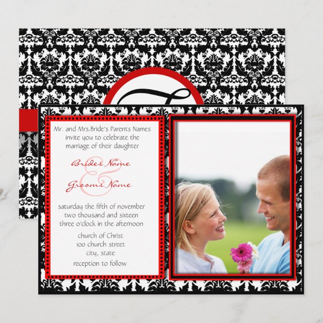Black & White Damask Your Photo Wedding Invitation (Front/Back)
