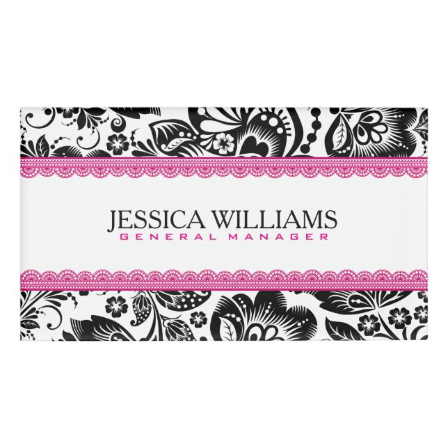 Black & White Damasks Pink Lace Accents Name Tag (Front)